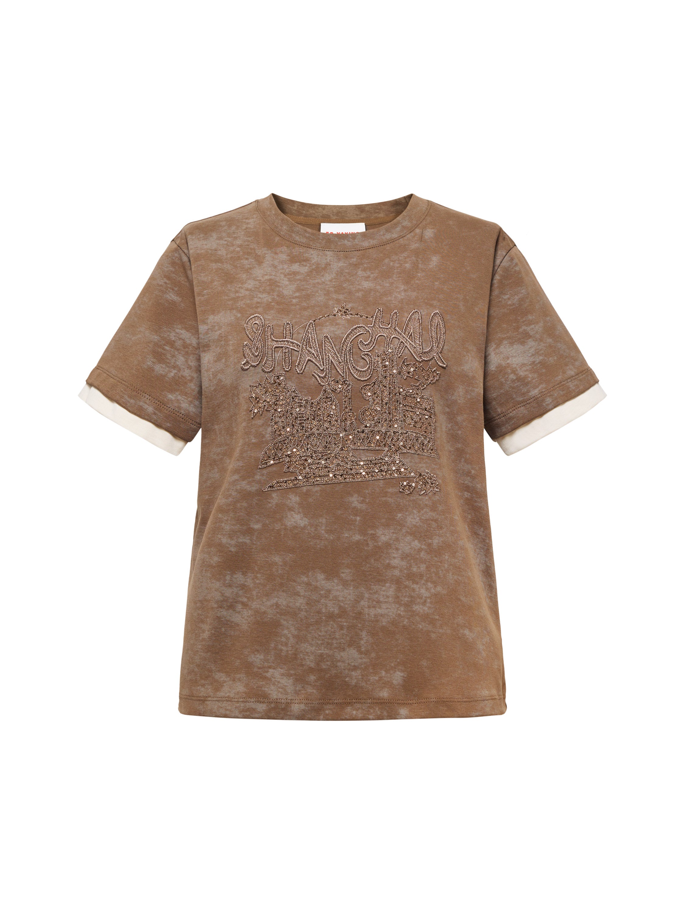Baked Dye Stretch Cotton Embroidered Gradient Color-Block Short Sleeve Top