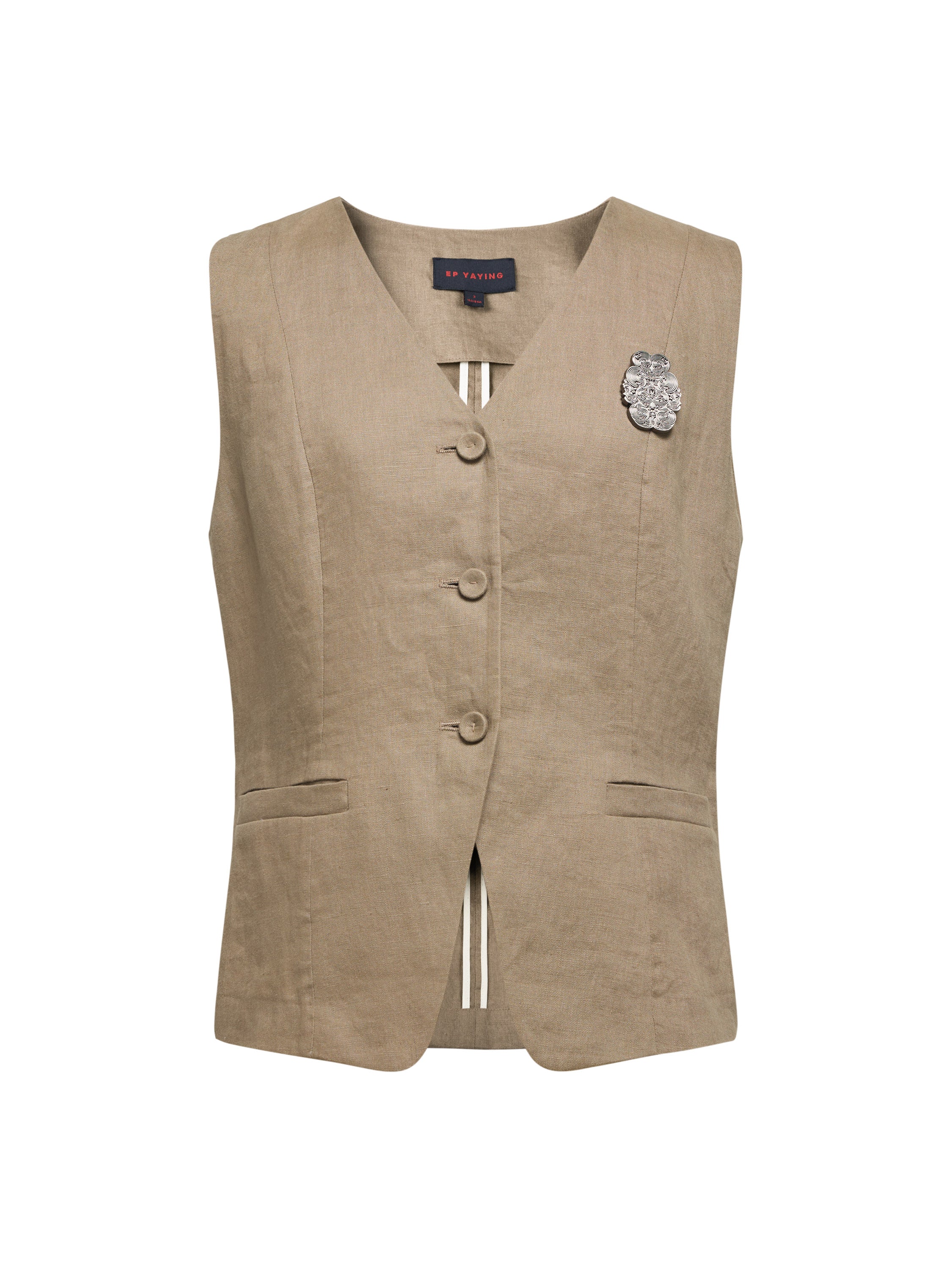 EP YAYING 100% Linen Mandarin Collar Frog Button Vest