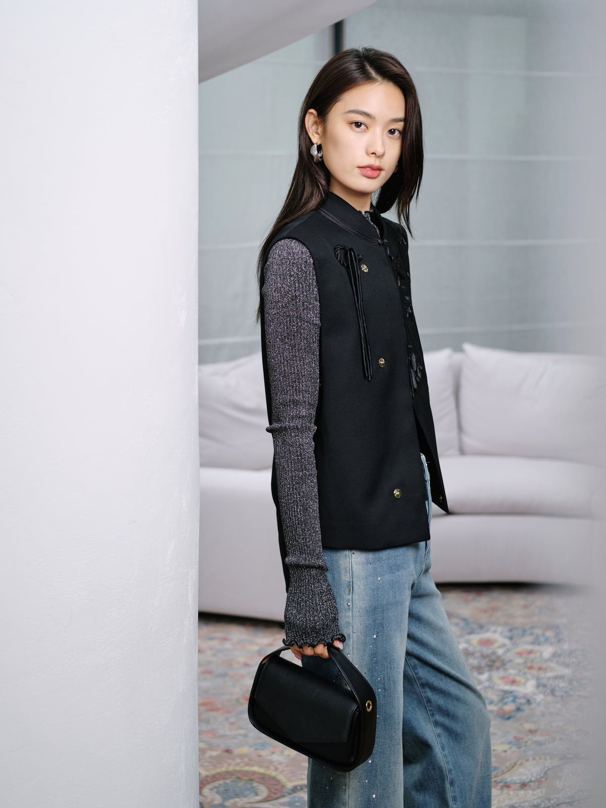 EP YAYING Wool Embroidered Stand Collar Vest