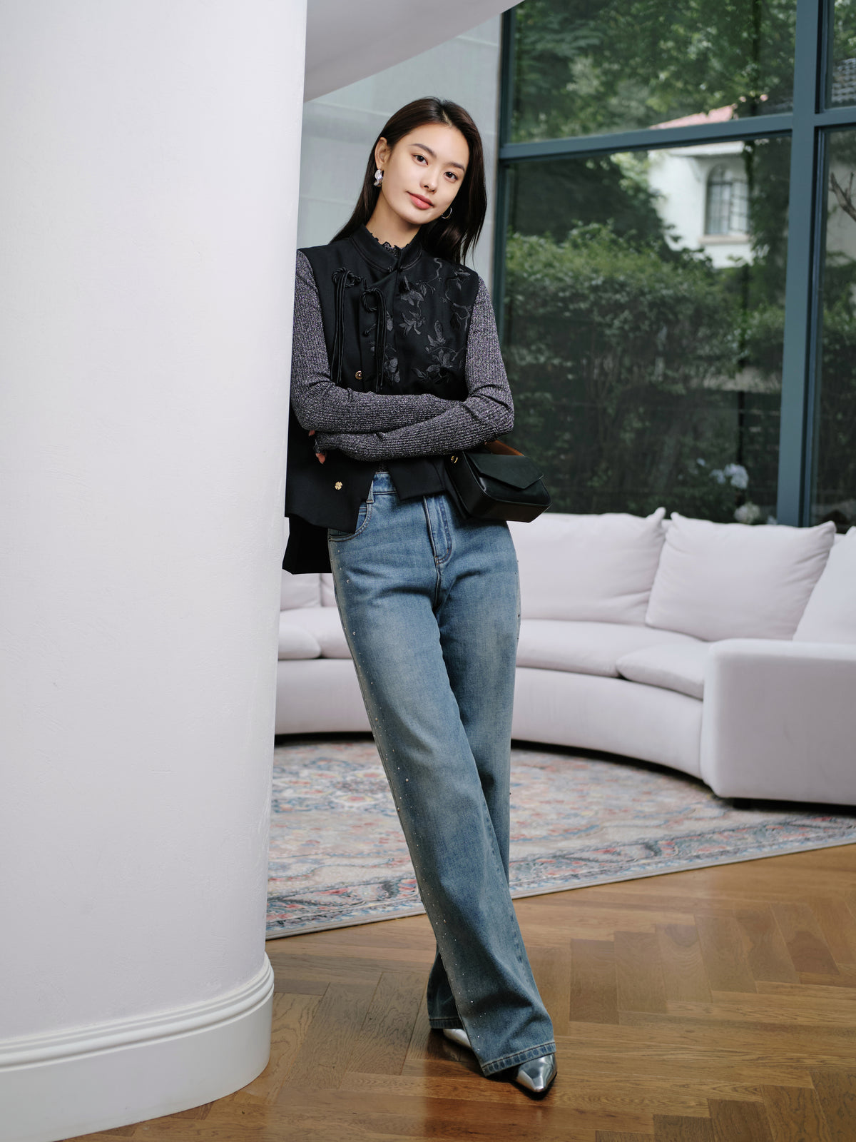 EP YAYING Wool Embroidered Stand Collar Vest
