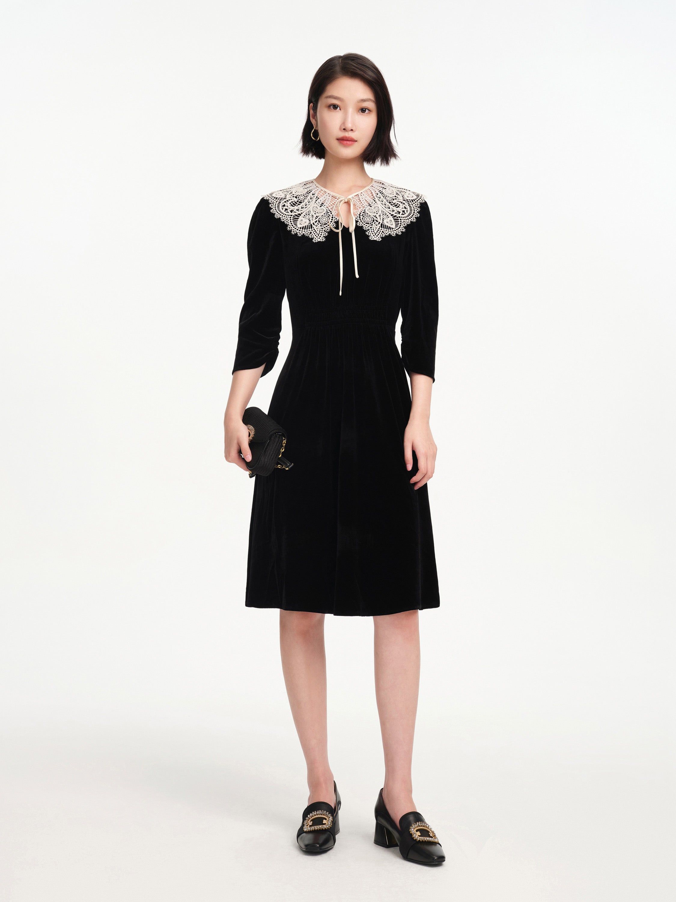 EP YAYING Lace Collar Velvet Knee Length Dress