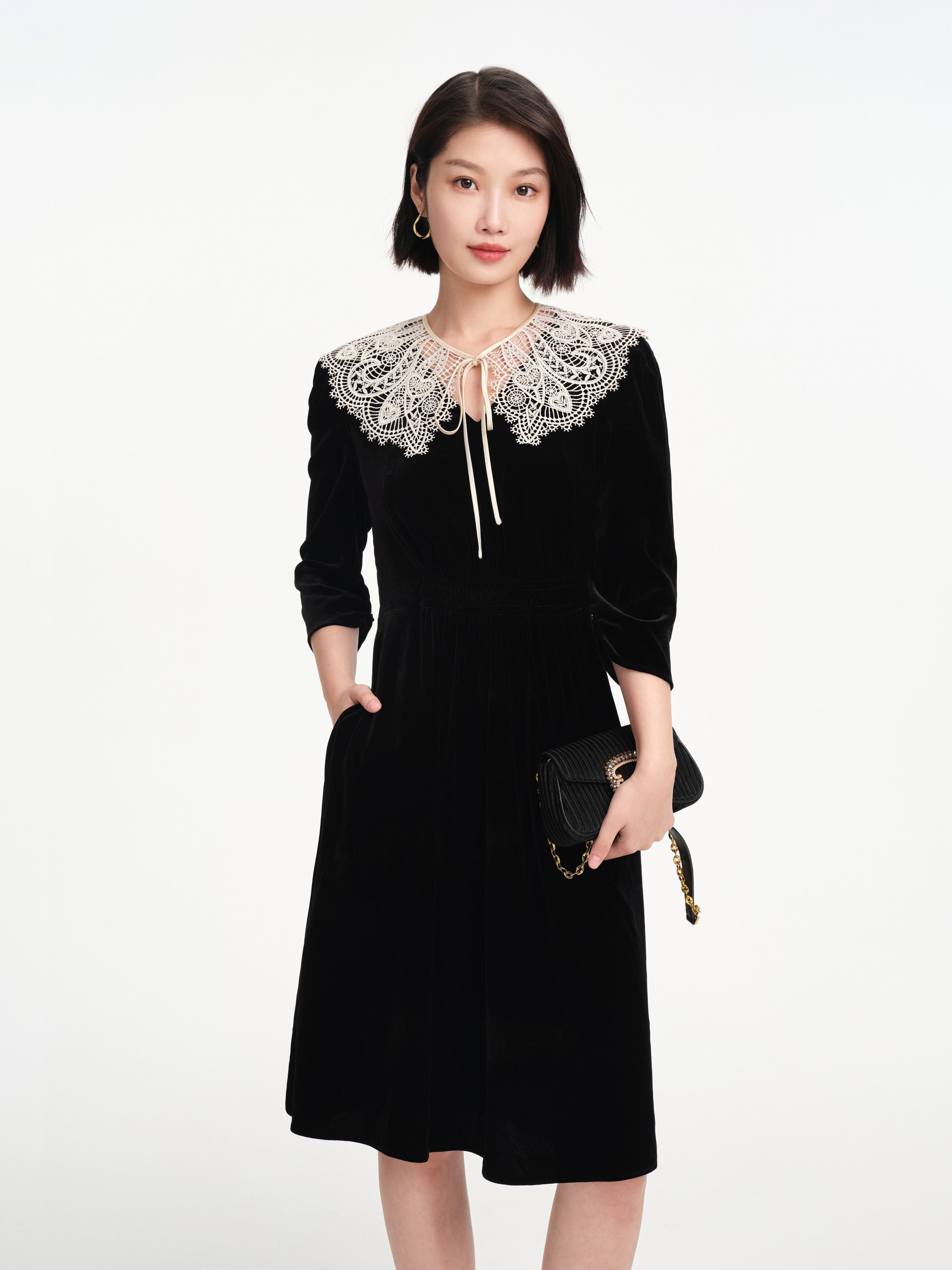 EP YAYING Lace Collar Velvet Knee Length Dress
