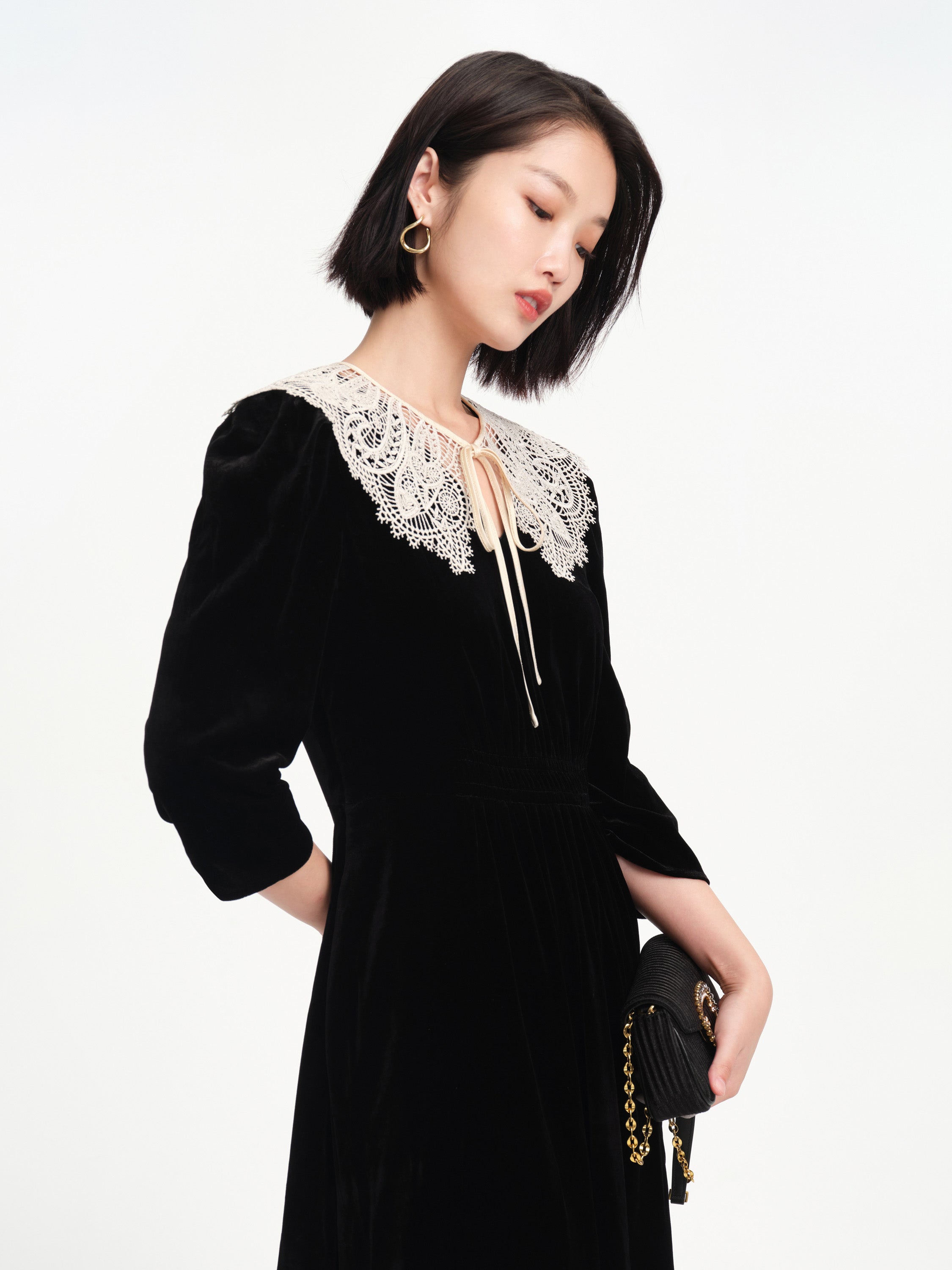 EP YAYING Lace Collar Velvet Knee Length Dress