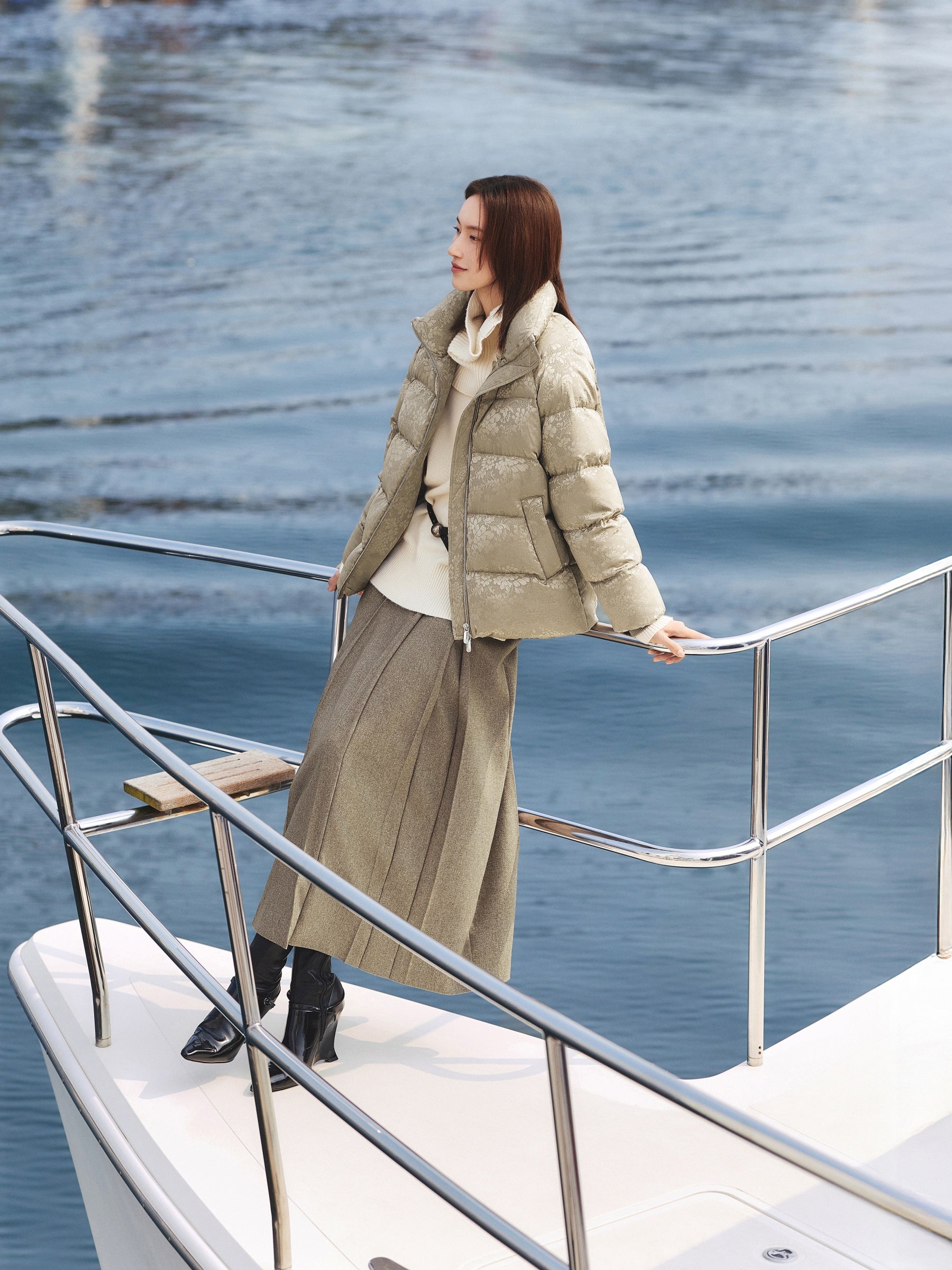 EP YAYING Silk Jacquard Stand-Collar Goose Down Coat