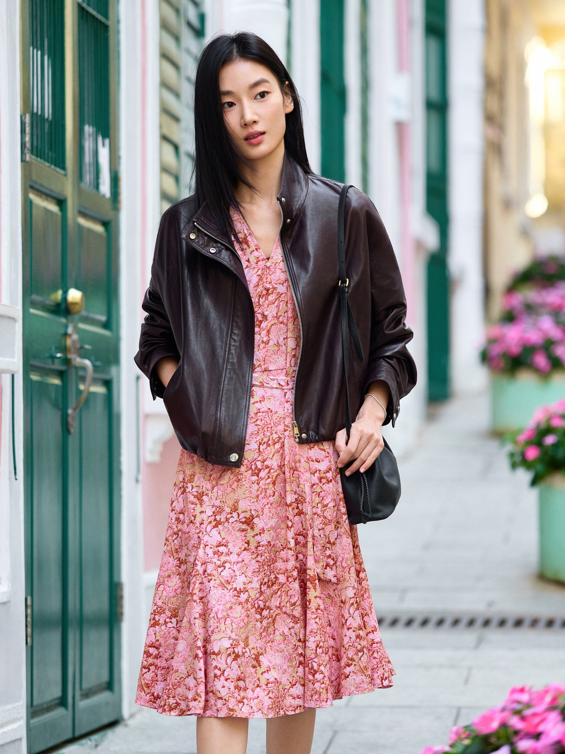 pink dress with black leather jacket Spring Style: Maxi Dress x Moto Jacket