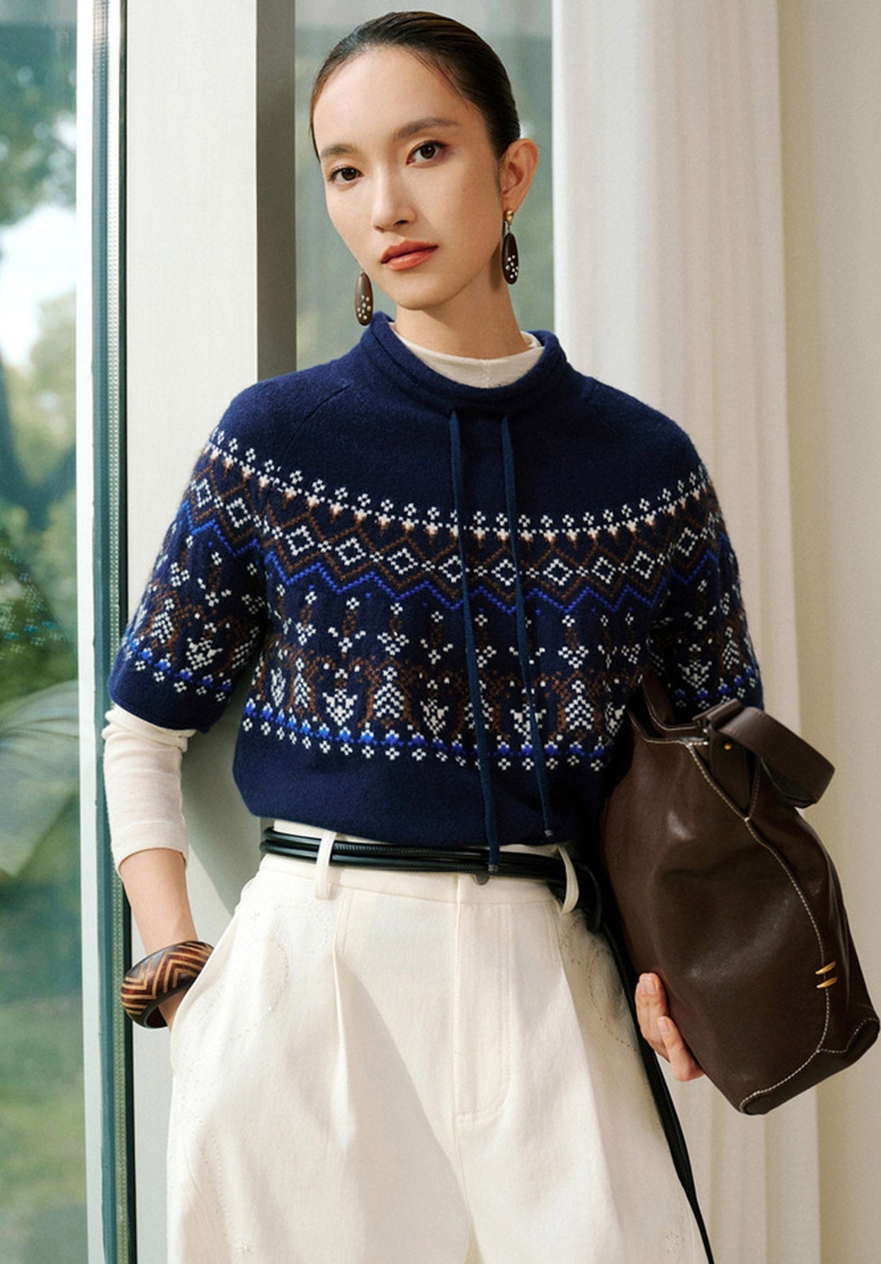 EP YAYING Folk Jacquard Funnel-Neck Cashmere Pullover EGLAG9549A