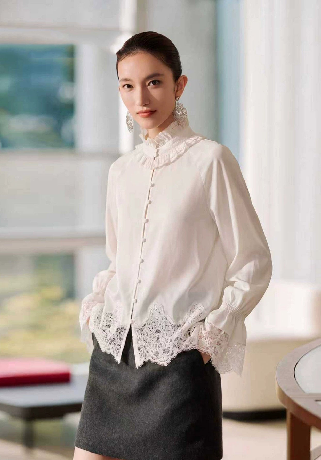EP YAYING Lace-Splice Gathered High-Neck Blouse EGLIC2133A
