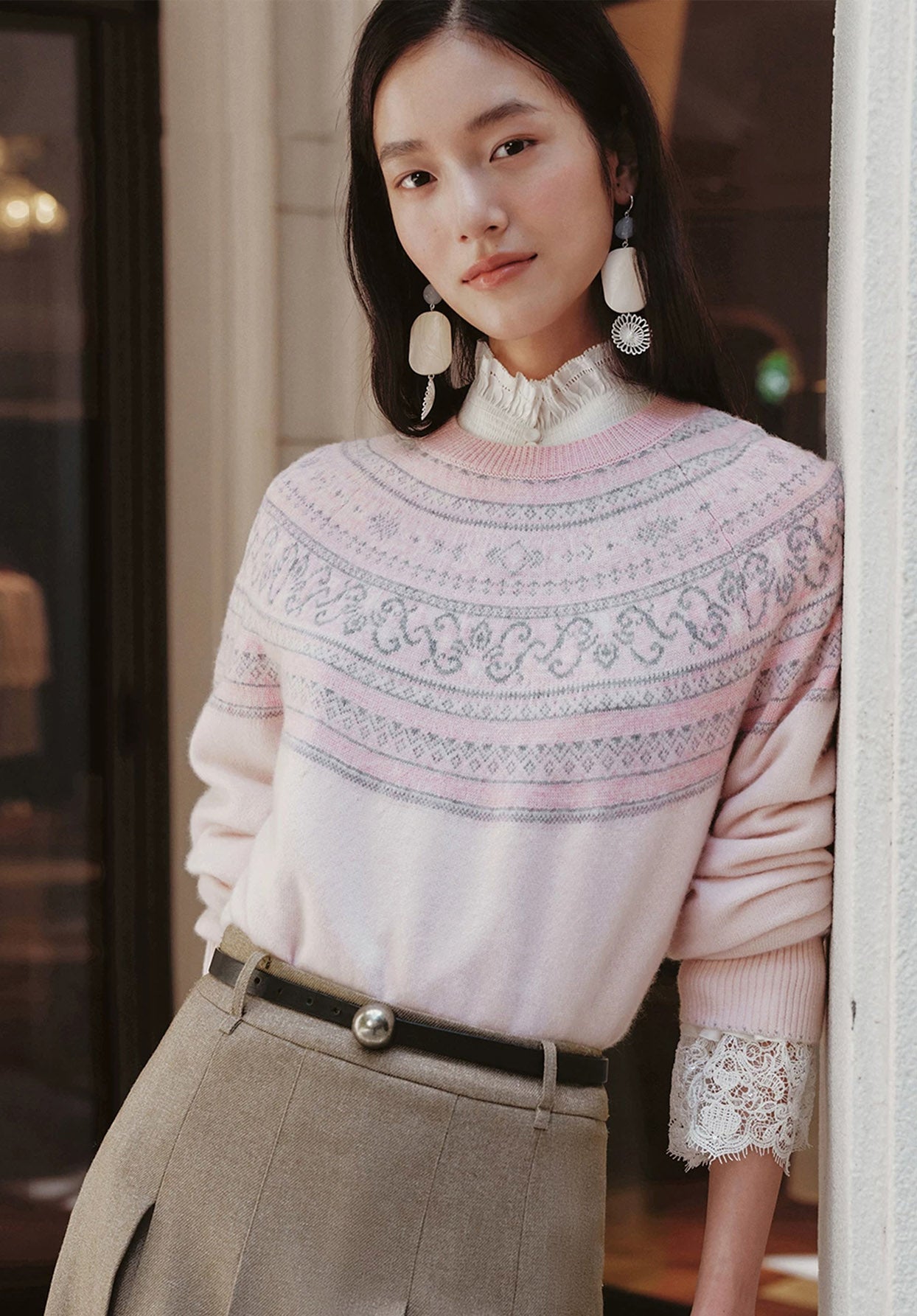 EP YAYING Folk Jacquard Pink Wool Sweater EGLAW9552A