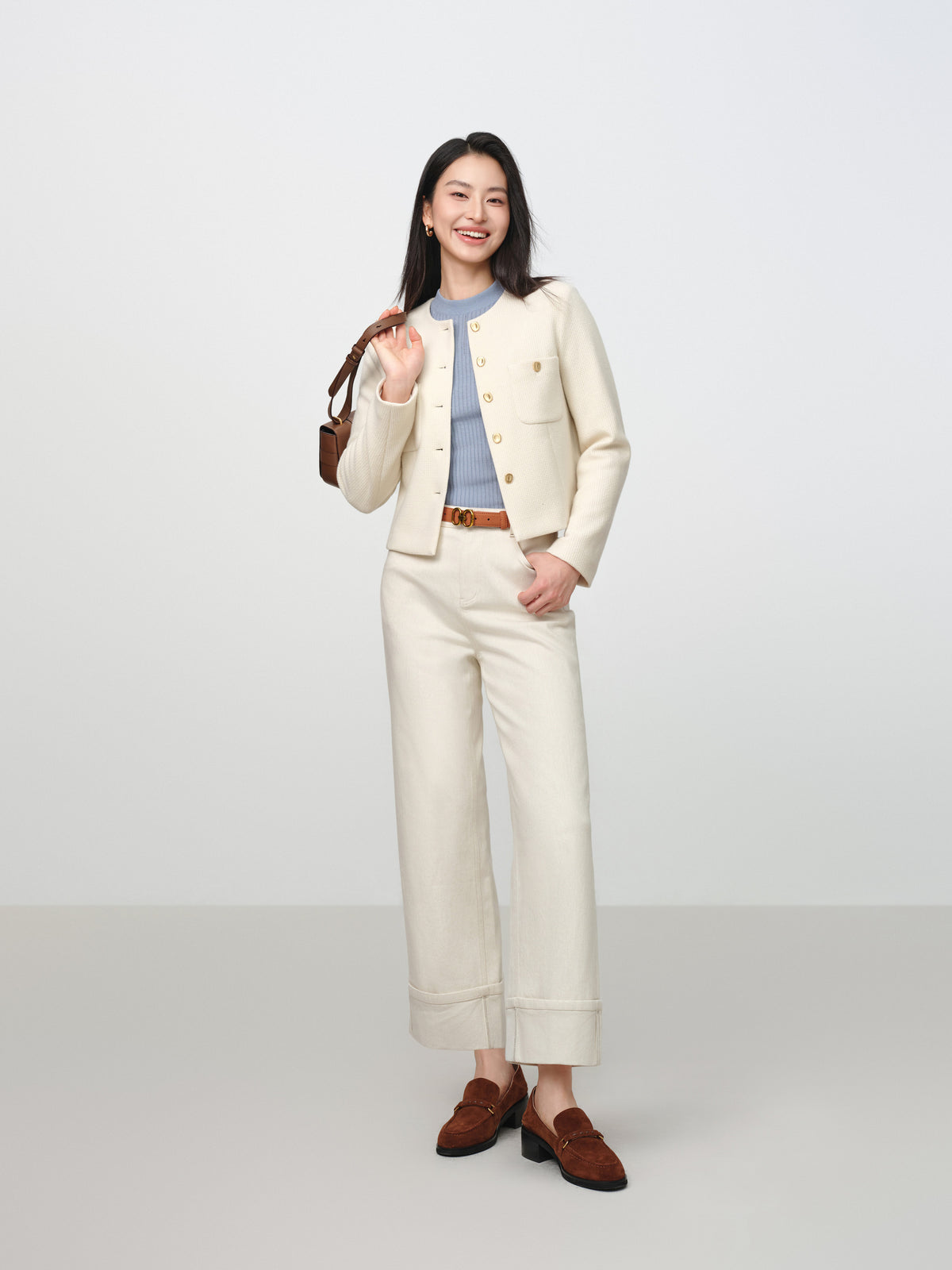 EP YAYING Tweed-Style White Plaid Collarless Jacket