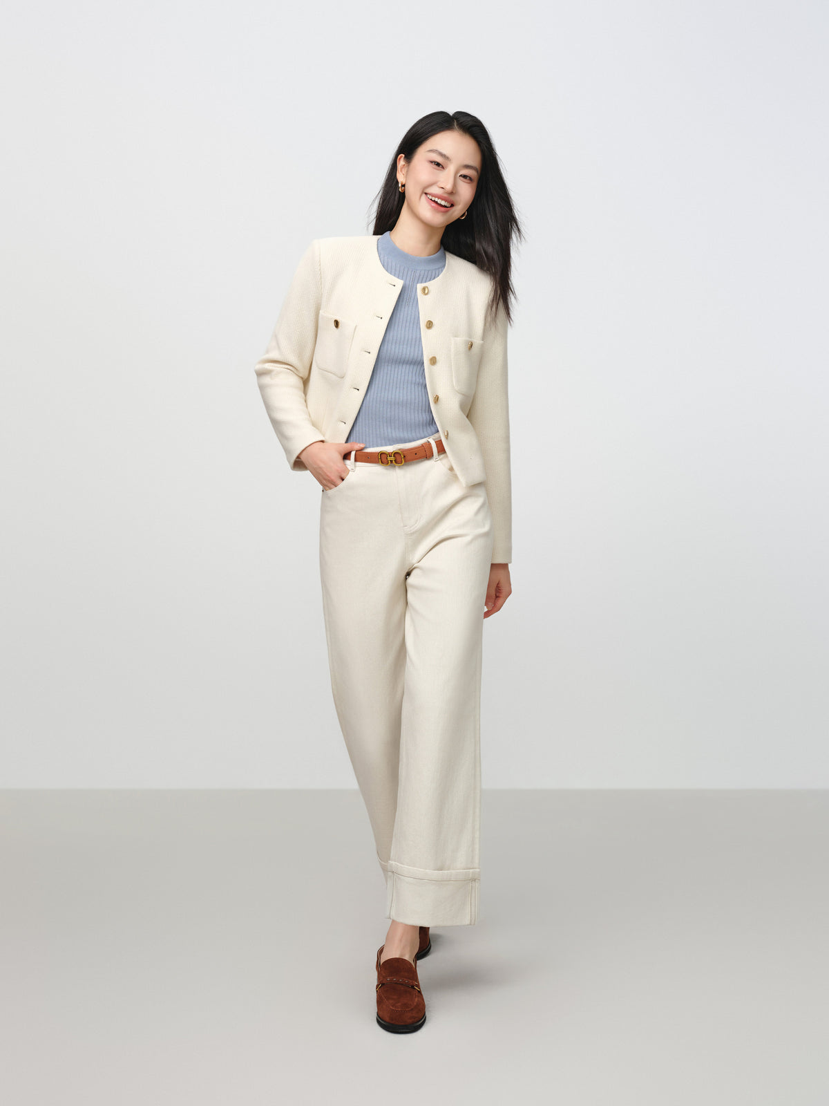 EP YAYING Tweed-Style White Plaid Collarless Jacket