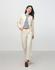 EP YAYING Tweed-Style White Plaid Collarless Jacket
