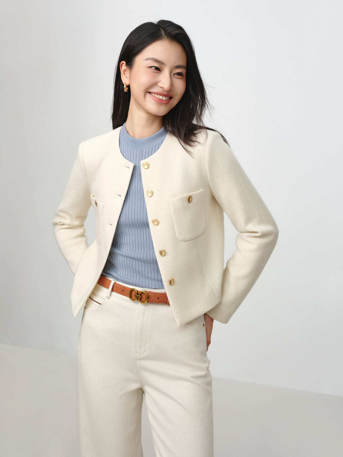 EP YAYING Tweed-Style White Plaid Collarless Jacket