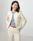 EP YAYING Tweed-Style White Plaid Collarless Jacket