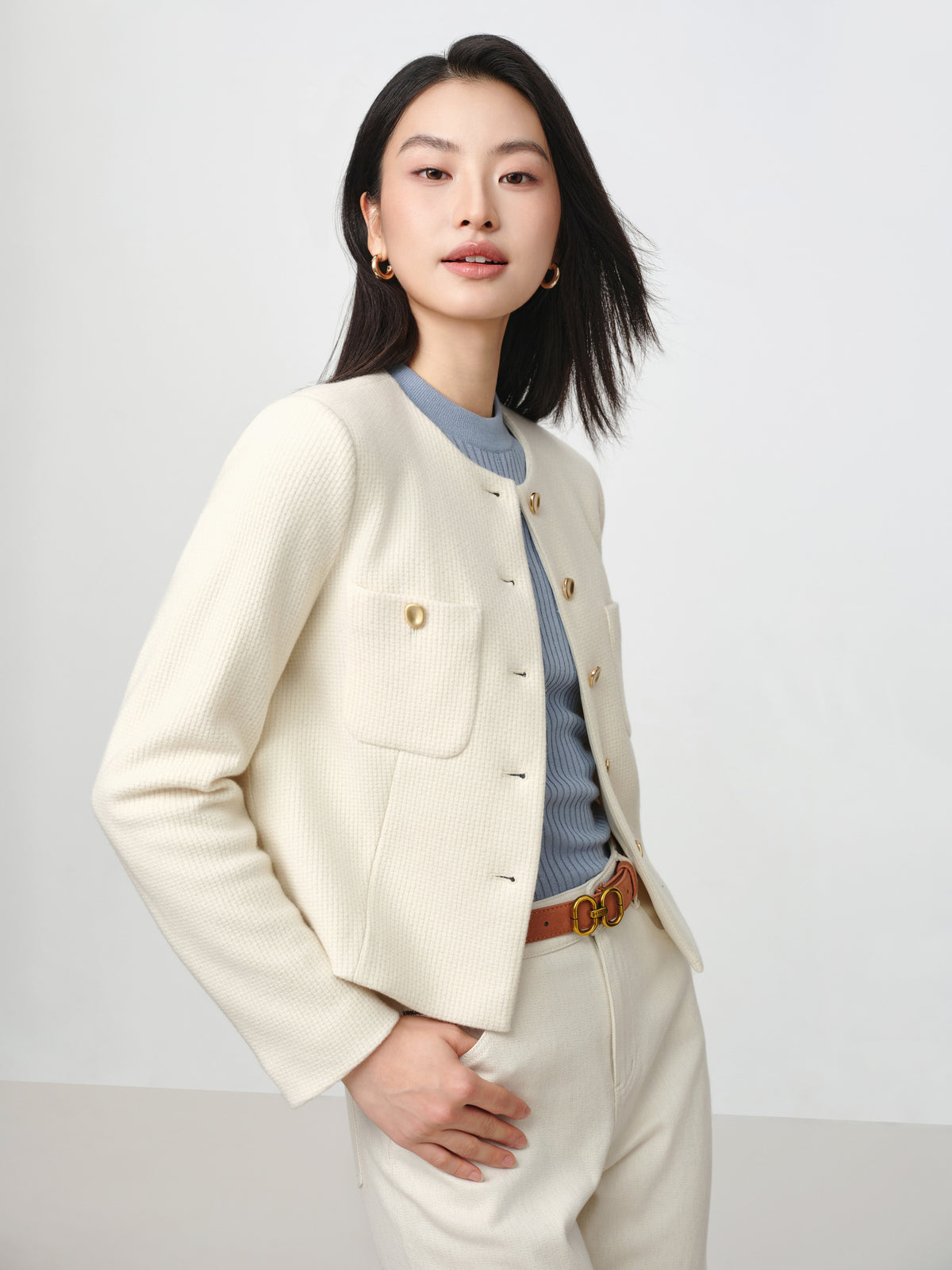 EP YAYING Tweed-Style White Plaid Collarless Jacket