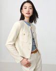 EP YAYING Tweed-Style White Plaid Collarless Jacket