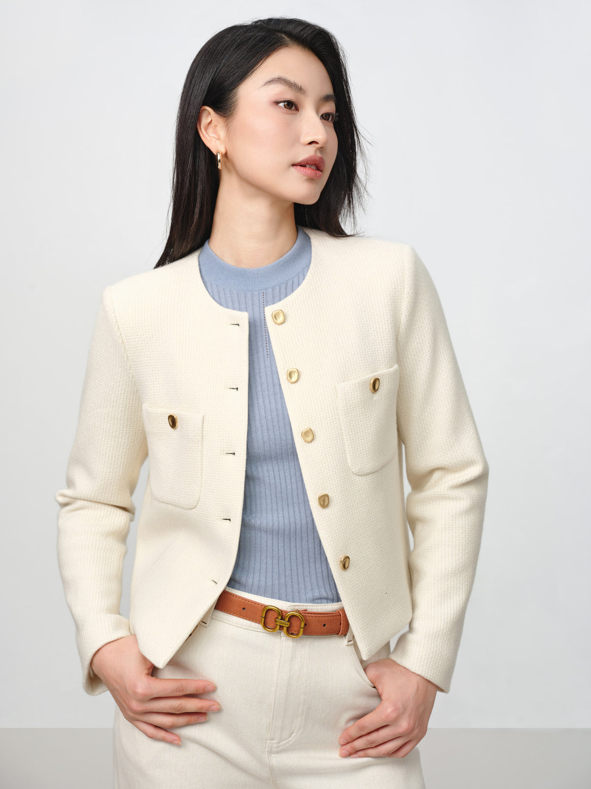 EP YAYING Tweed-Style White Plaid Collarless Jacket