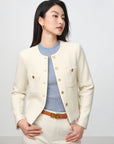 EP YAYING Tweed-Style White Plaid Collarless Jacket