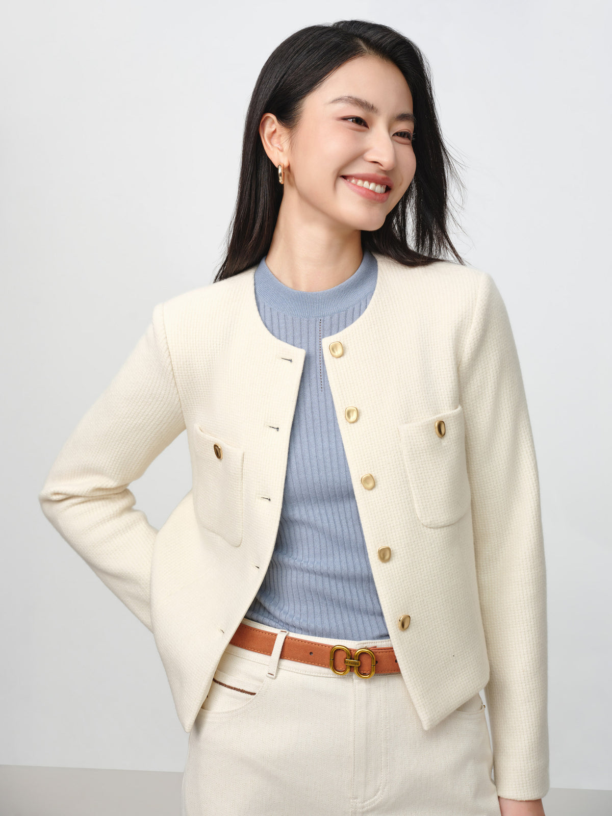 EP YAYING Tweed-Style White Plaid Collarless Jacket