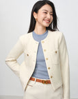 EP YAYING Tweed-Style White Plaid Collarless Jacket