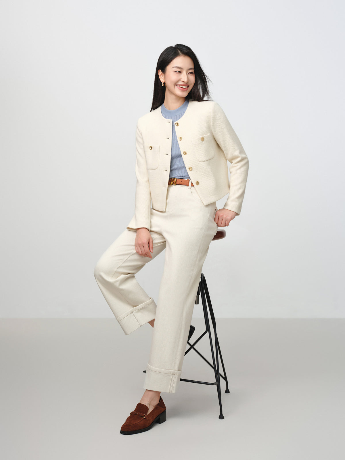 EP YAYING Tweed-Style White Plaid Collarless Jacket