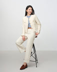 EP YAYING Tweed-Style White Plaid Collarless Jacket