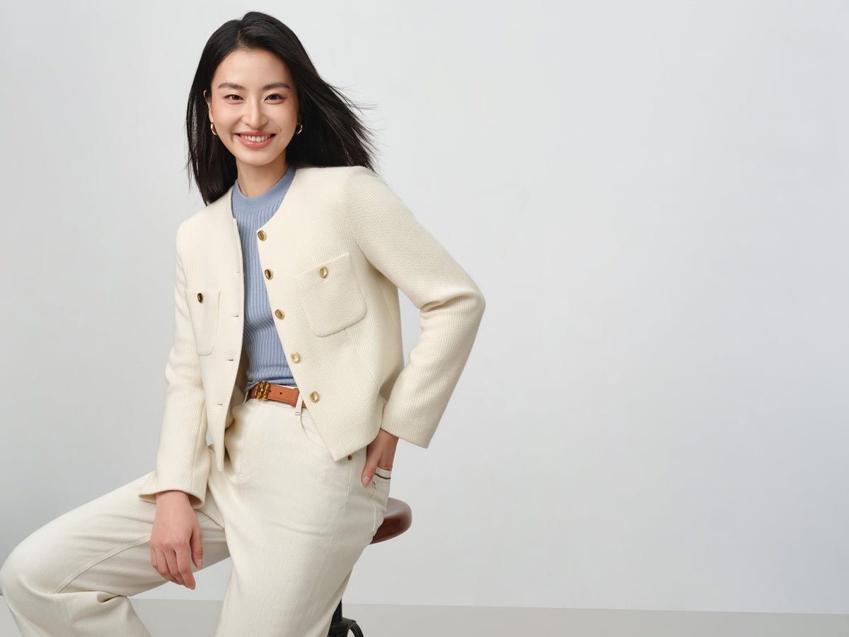 EP YAYING Tweed-Style White Plaid Collarless Jacket