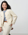 EP YAYING Tweed-Style White Plaid Collarless Jacket