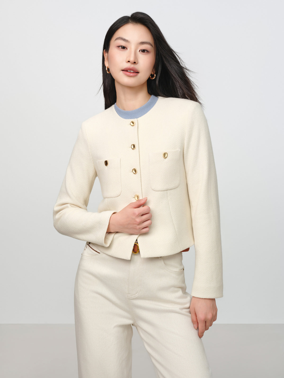 EP YAYING Tweed-Style White Plaid Collarless Jacket
