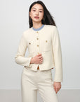 EP YAYING Tweed-Style White Plaid Collarless Jacket