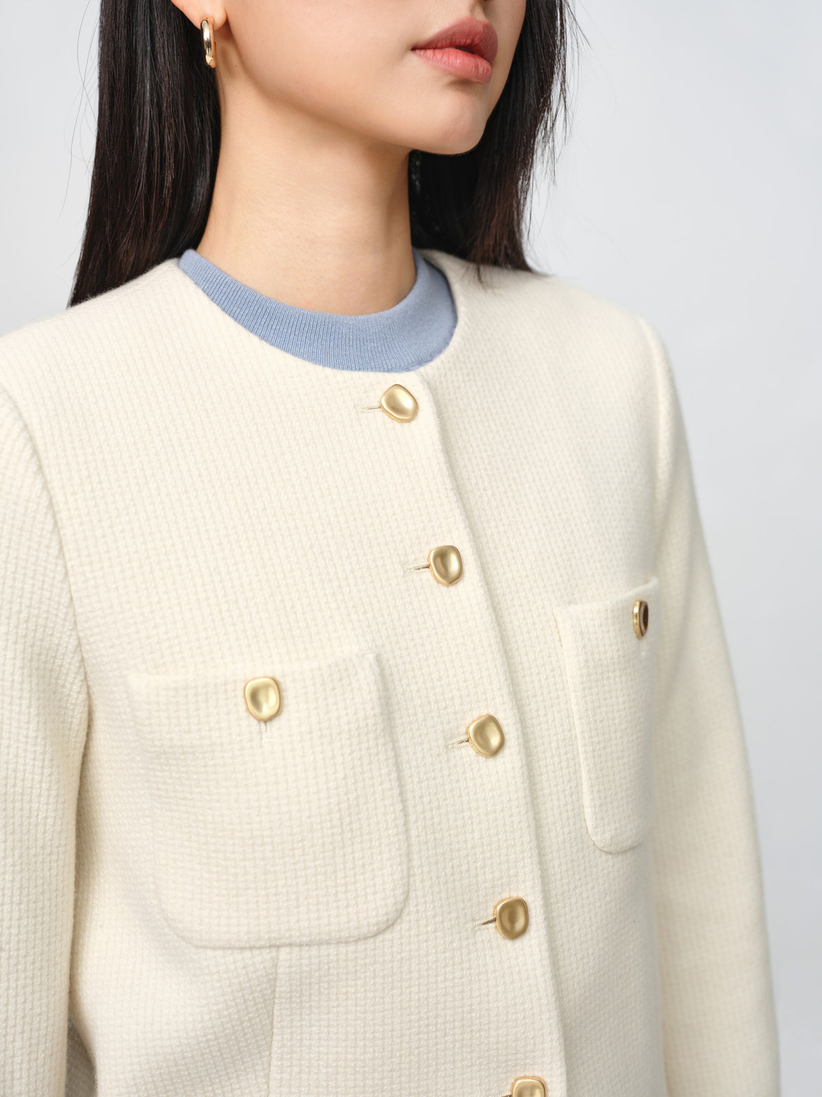 EP YAYING Tweed-Style White Plaid Collarless Jacket