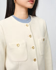EP YAYING Tweed-Style White Plaid Collarless Jacket