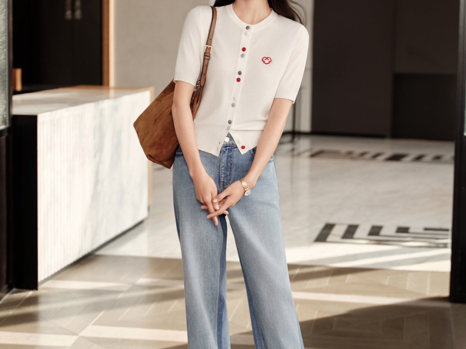 YAYING Wool Cashmere Color Button White Cardigan
