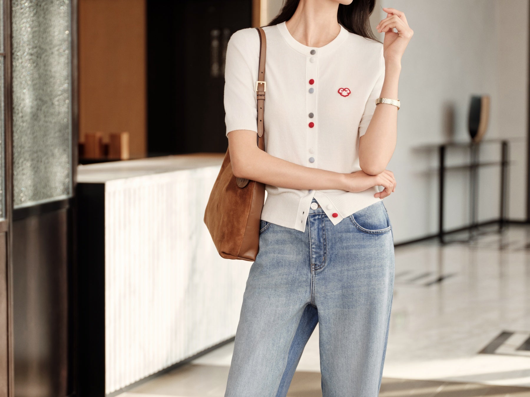 YAYING Wool Cashmere Color Button White Cardigan