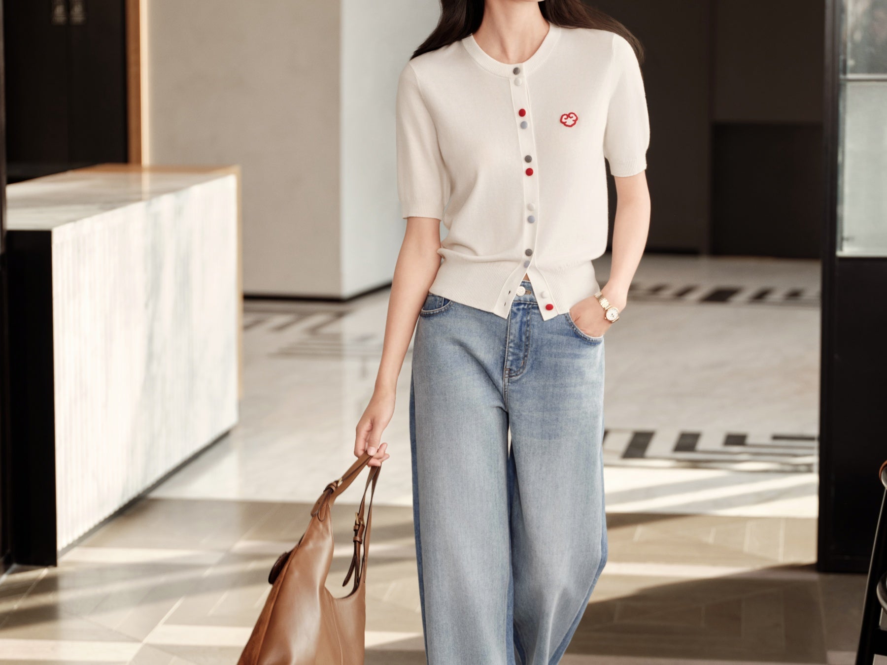 YAYING Wool Cashmere Color Button White Cardigan