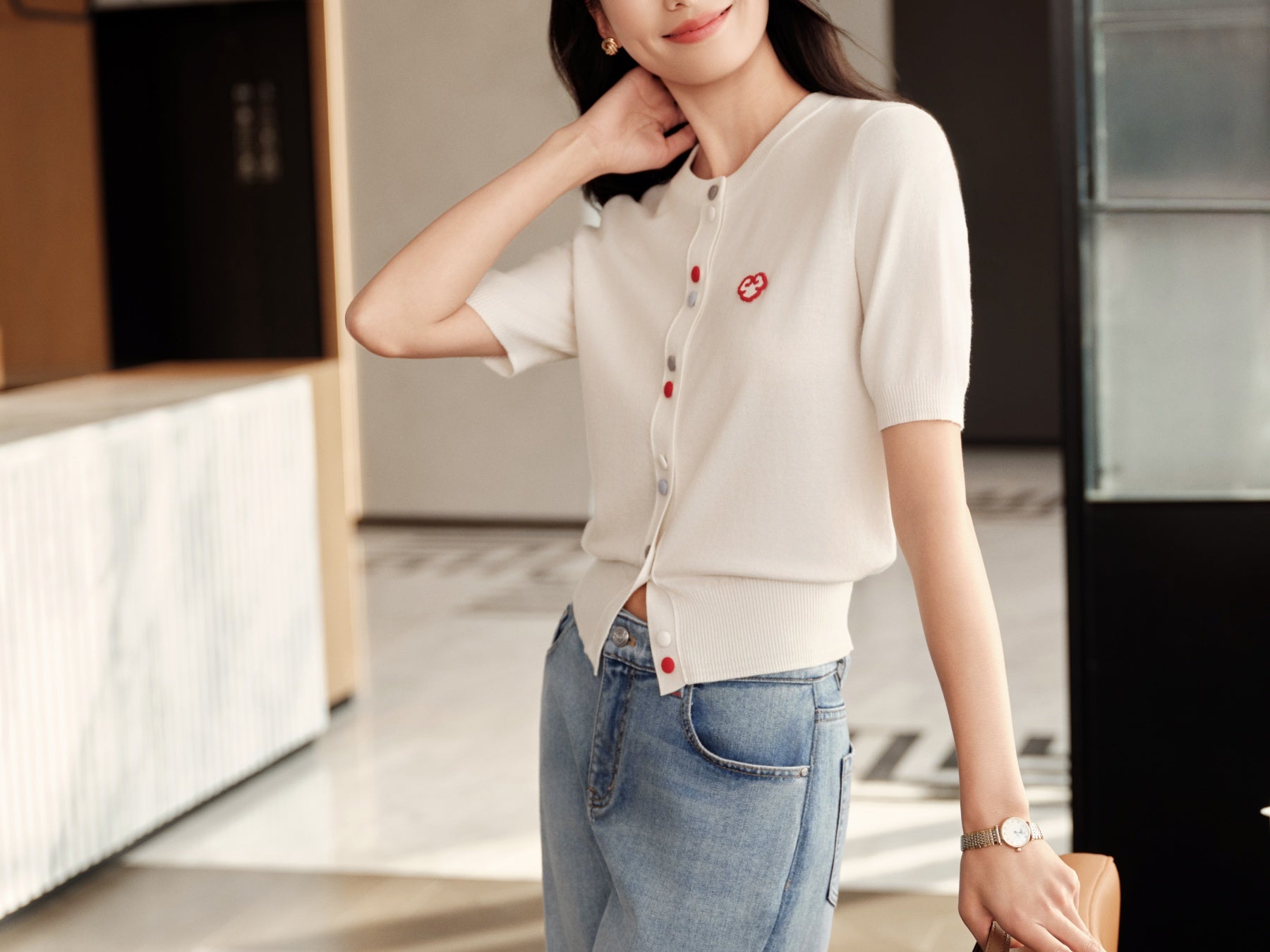 YAYING Wool Cashmere Color Button White Cardigan