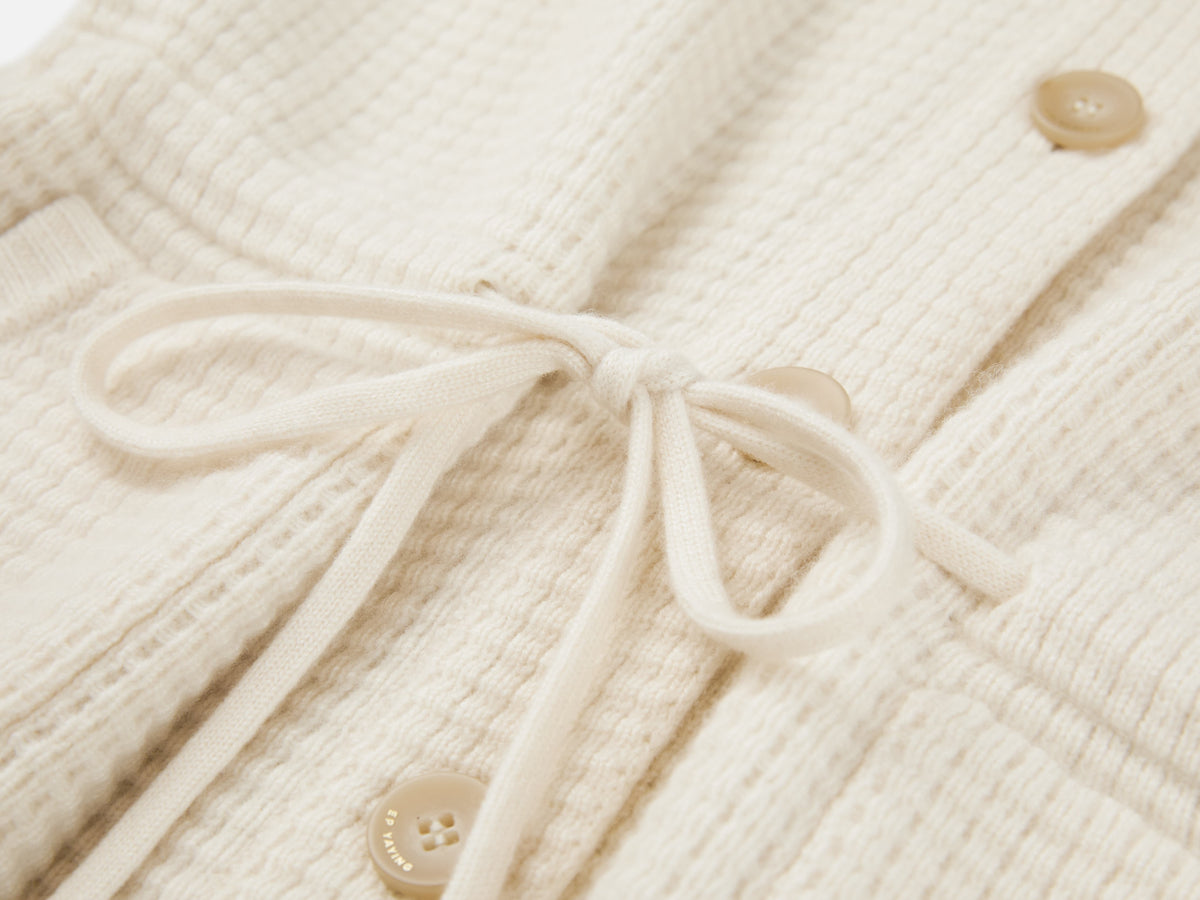 EP YAYING Pure White Cashmere Stand-Collar Drawstring Cardigan