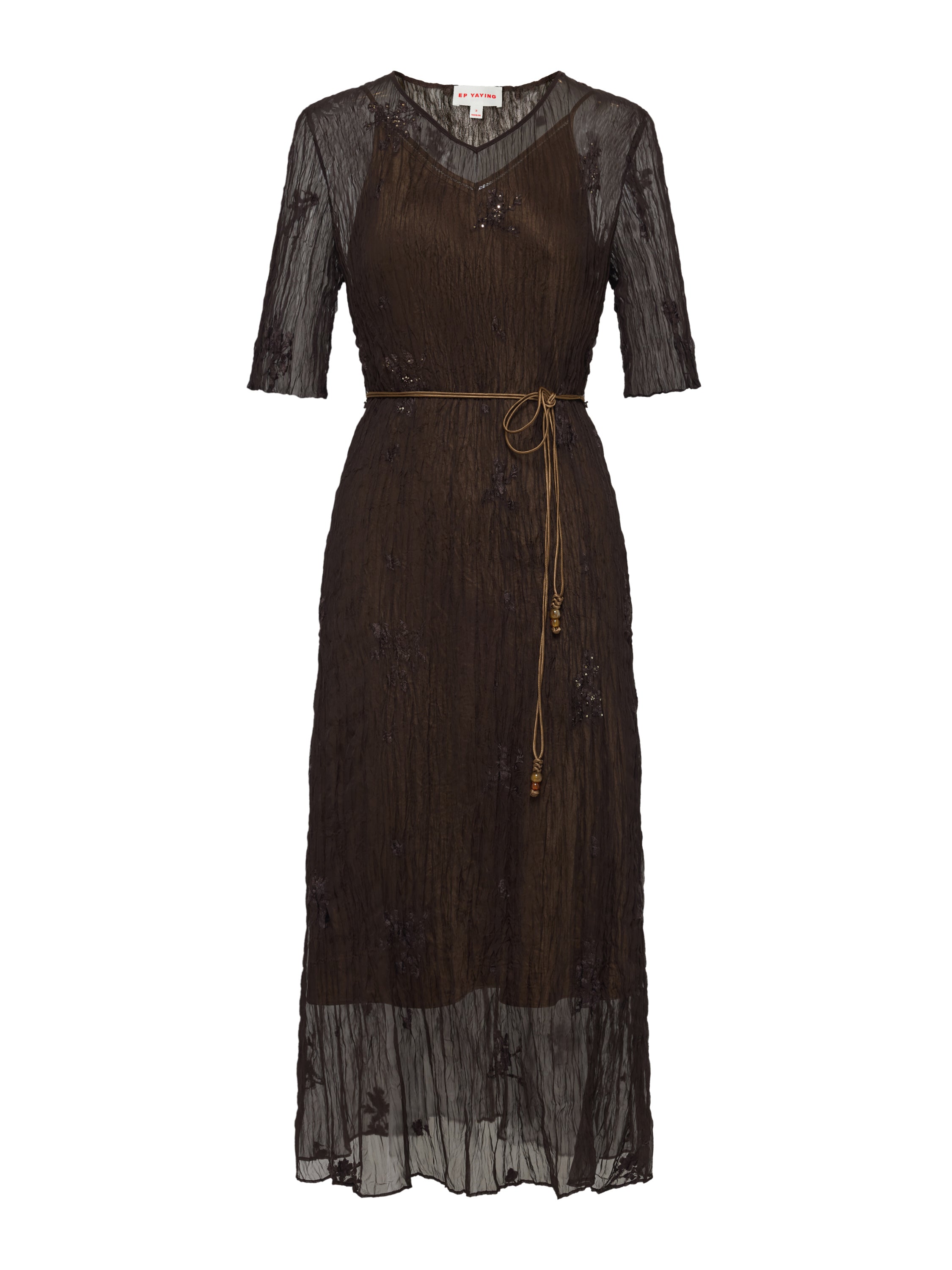 Pleated V-Neck Midi Dress with Laser Cut and Beaded Embroidery