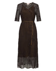 Pleated V-Neck Midi Dress with Laser Cut and Beaded Embroidery