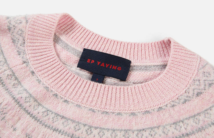 EP YAYING Folk Jacquard Pink Wool Sweater EGLAW9552A