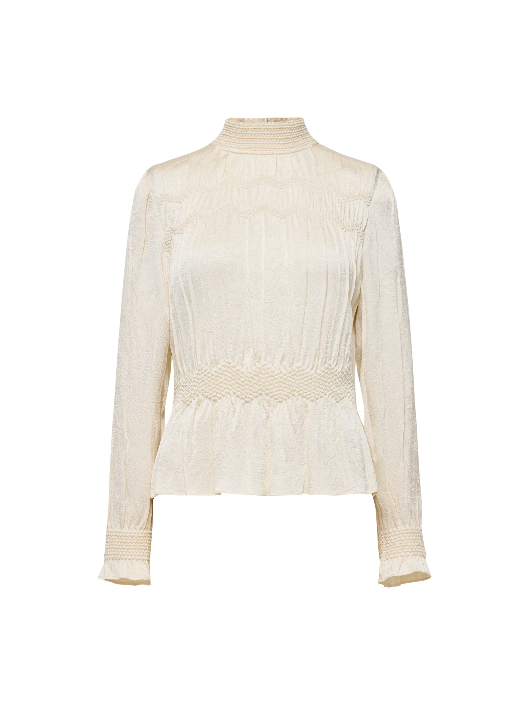 Silk Double-Face Satin Micro-Pleat Mandarin Collar Top