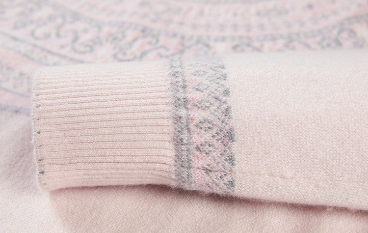 EP YAYING Folk Jacquard Pink Wool Sweater EGLAW9552A