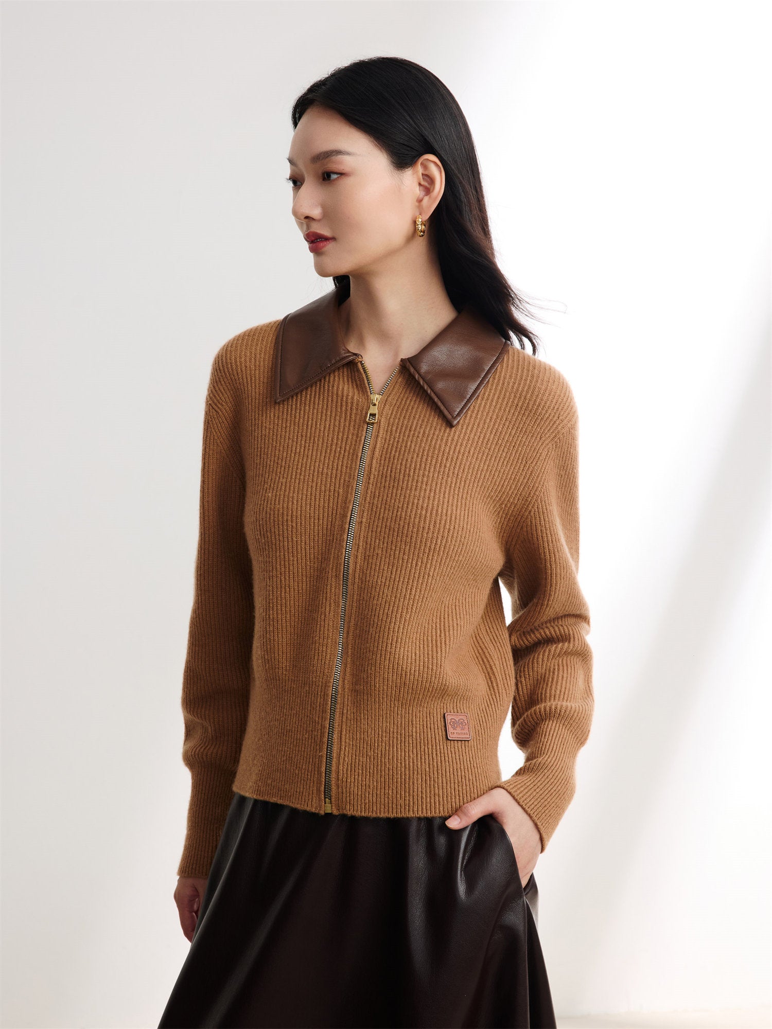 EP YAYING Cashmere Leather Collar Knitted Sweater