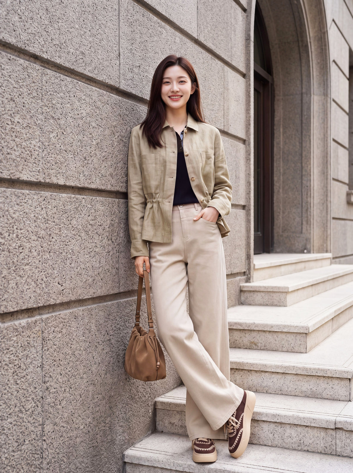 EP YAYING 100% Linen Notched-Lapel Waist-Defined Jacket