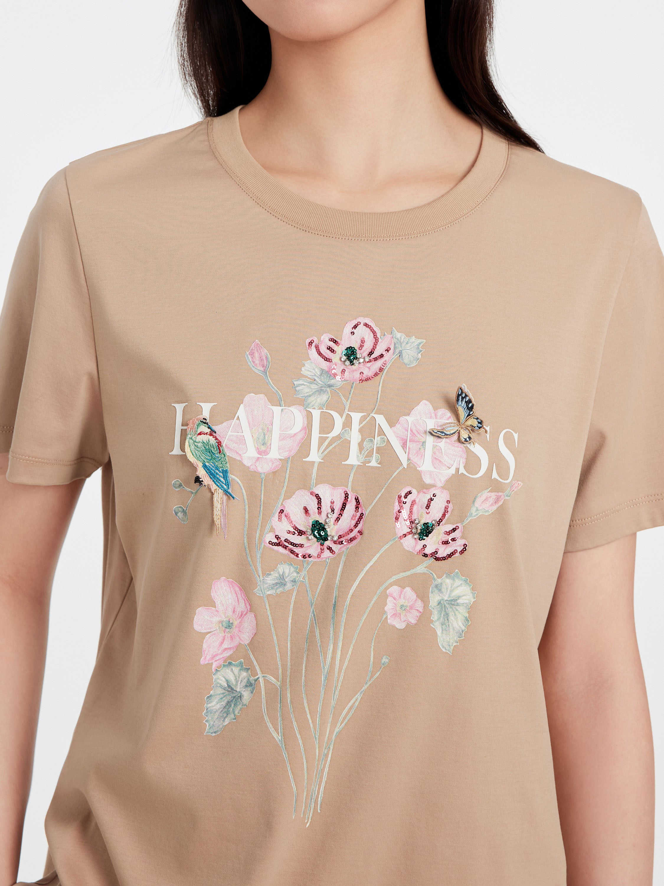 EP YAYING BEIGE T-SHIRT WITH A FLORAL DESIGN