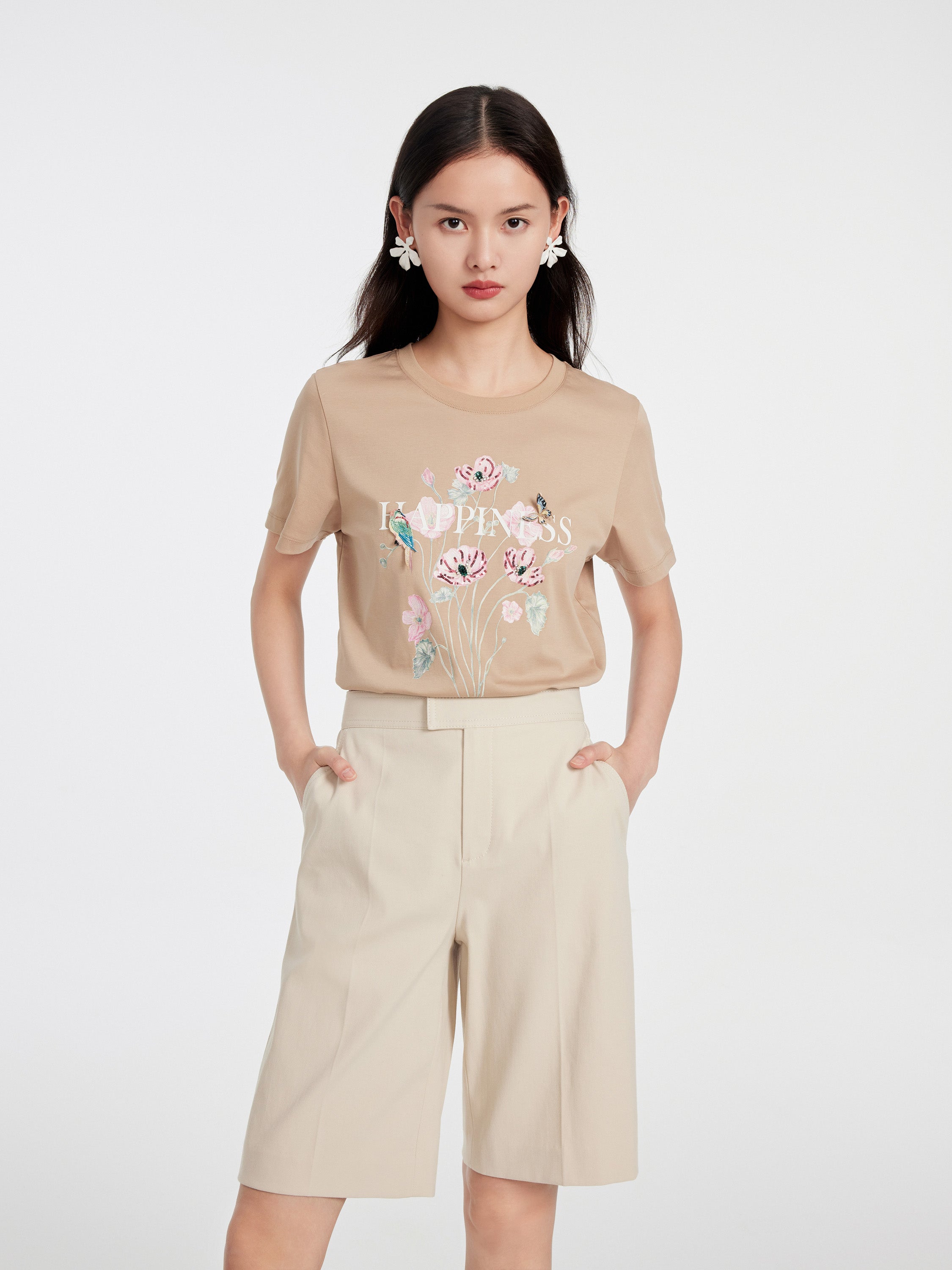 EP YAYING BEIGE T-SHIRT WITH A FLORAL DESIGN