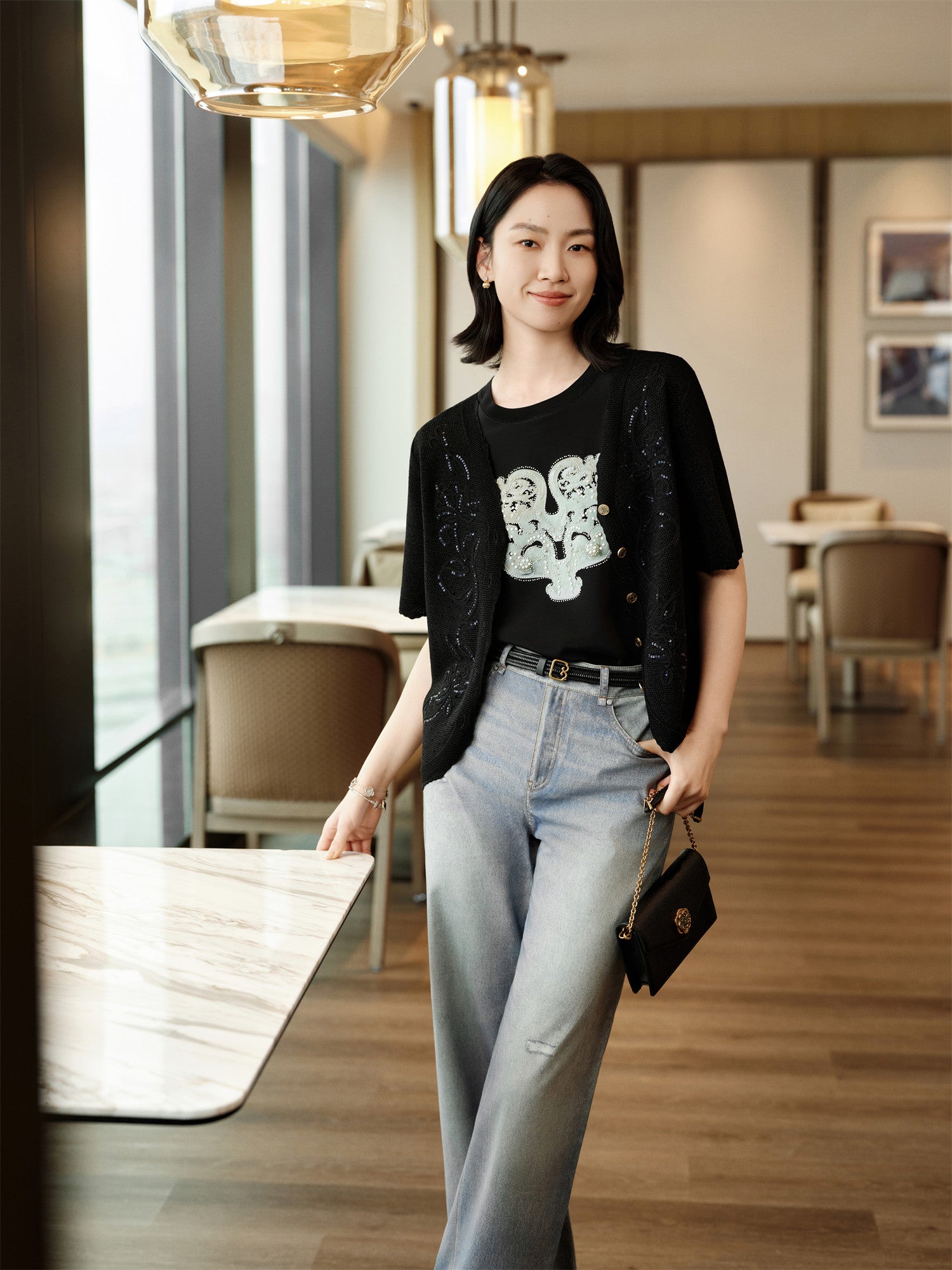 YAYING Silk Straight-Shoulder T-Shirt Top EPKES5301AH