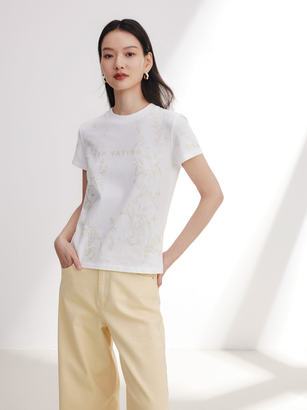 EP YAYING Cotton Printed Slim-Fit Short-Sleeve T-Shirt