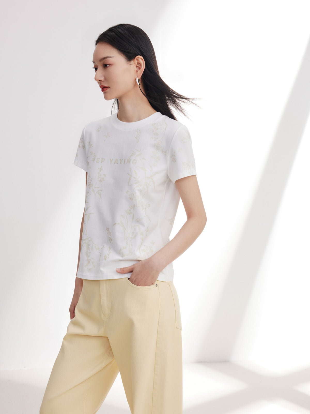 EP YAYING Cotton Printed Slim-Fit Short-Sleeve T-Shirt