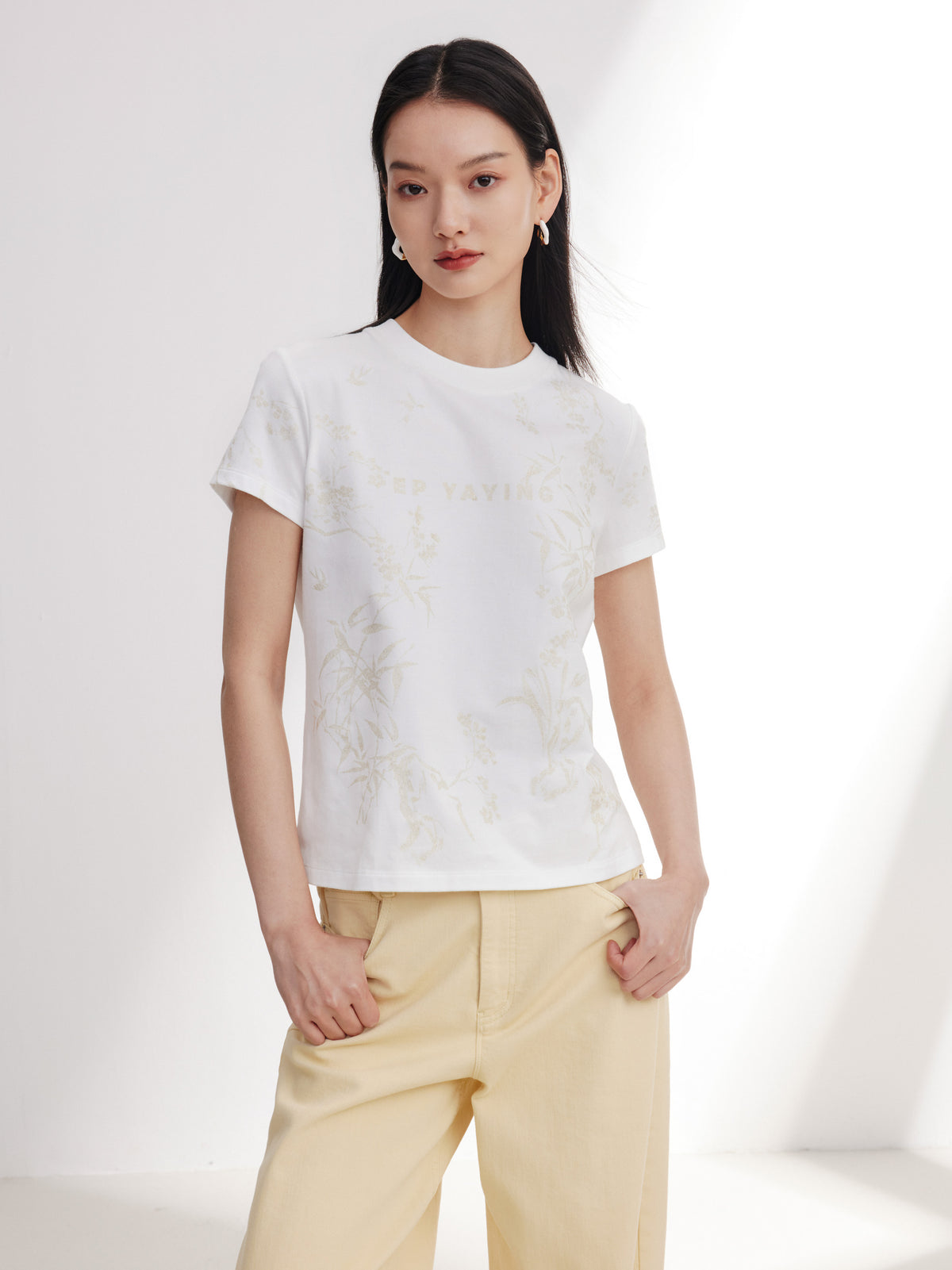 EP YAYING Cotton Printed Slim-Fit Short-Sleeve T-Shirt