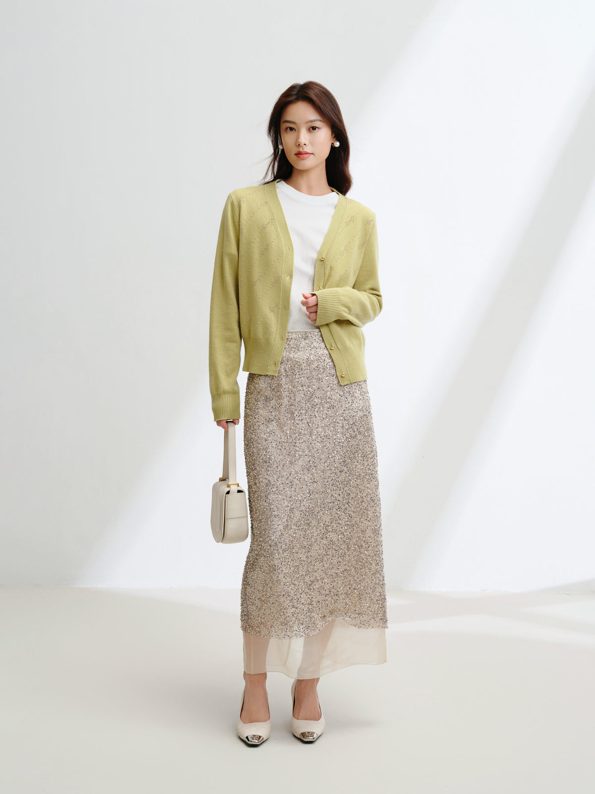 EP YAYING Wool Cashmere V-Neck Sequin Knit Cardigan Sweater